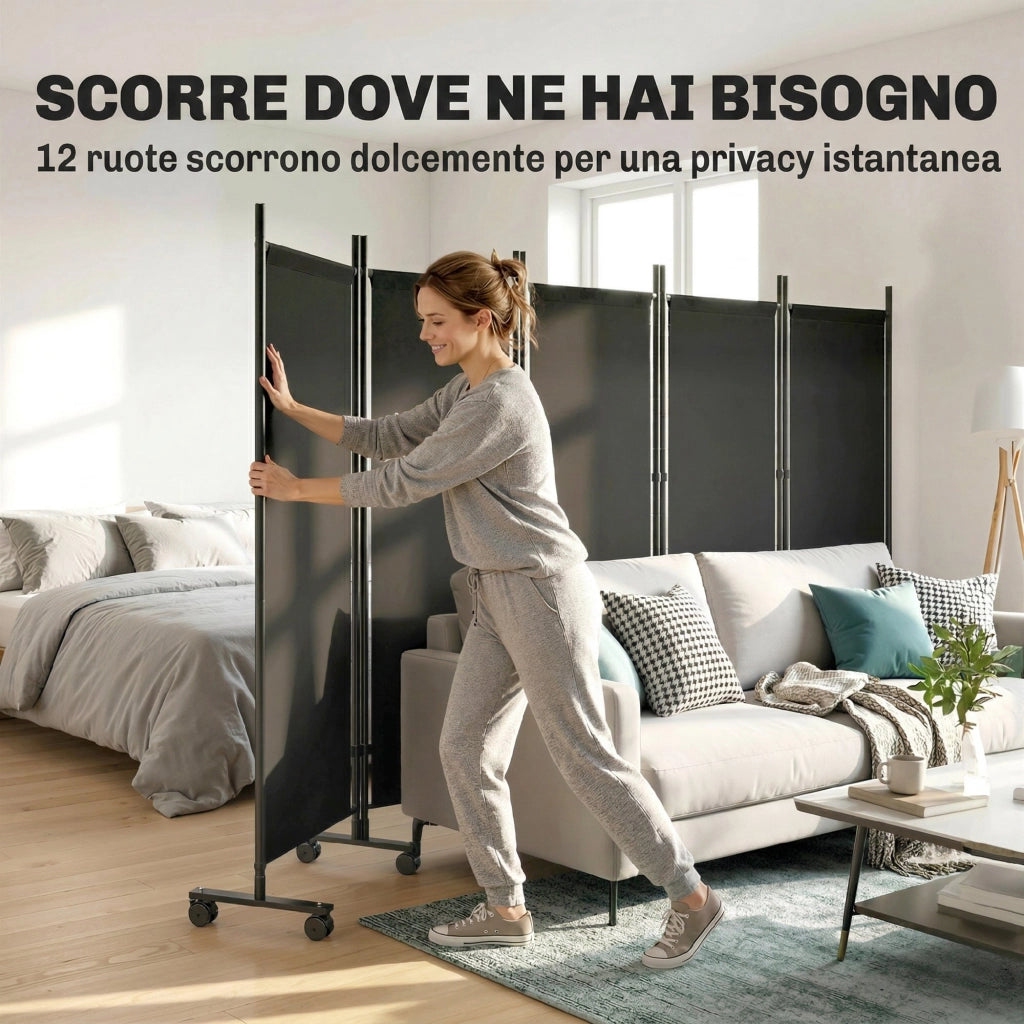 Divisorio Decorativo 5 Pannelli ¨C Xylo ¨C Acciaio Nero con Ruote