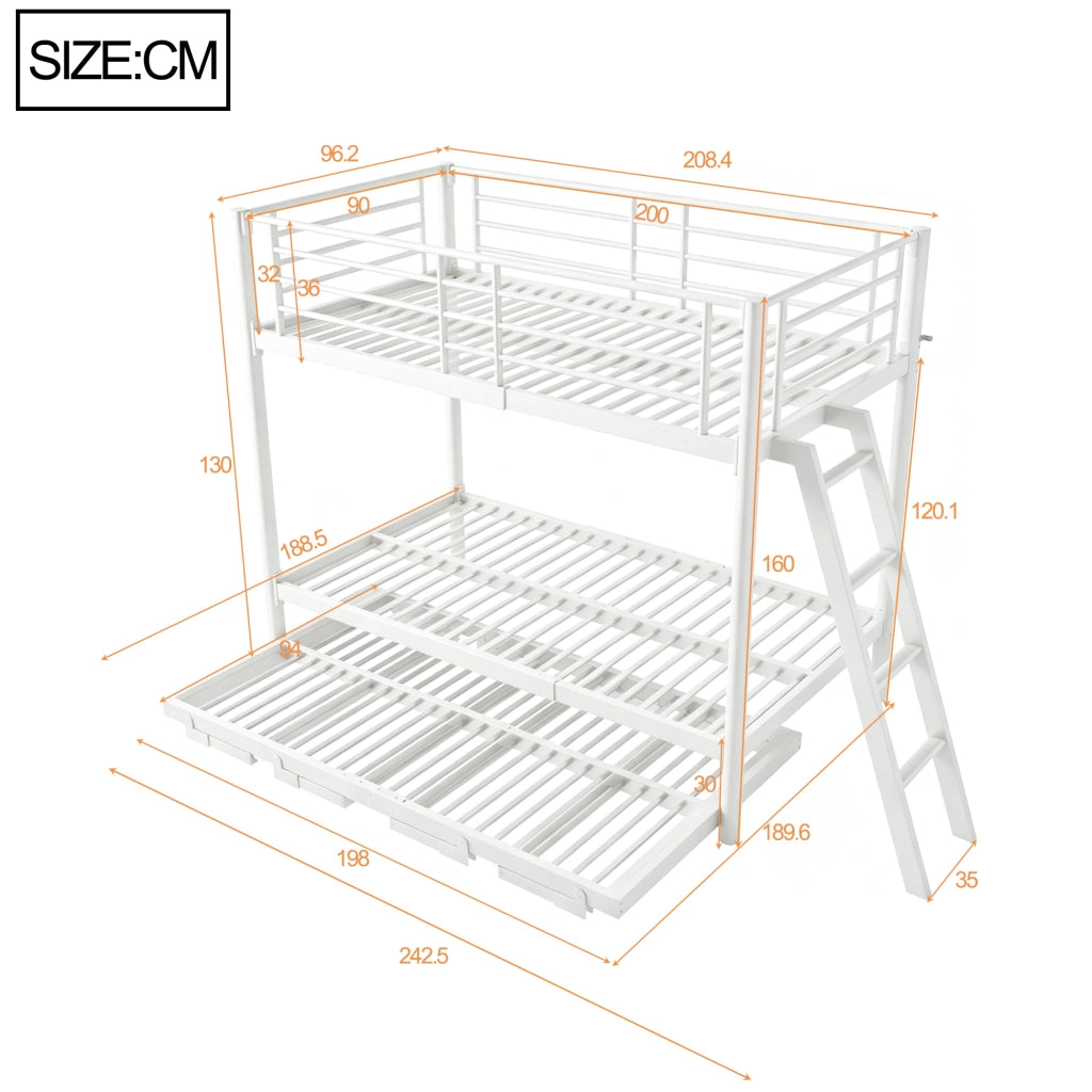 Letto a castello 3 posti 90 x 200 cm, con letto estraibile, posto letto estensibile 180 x 200 cm, soluzione salvaspazio in metallo bianco