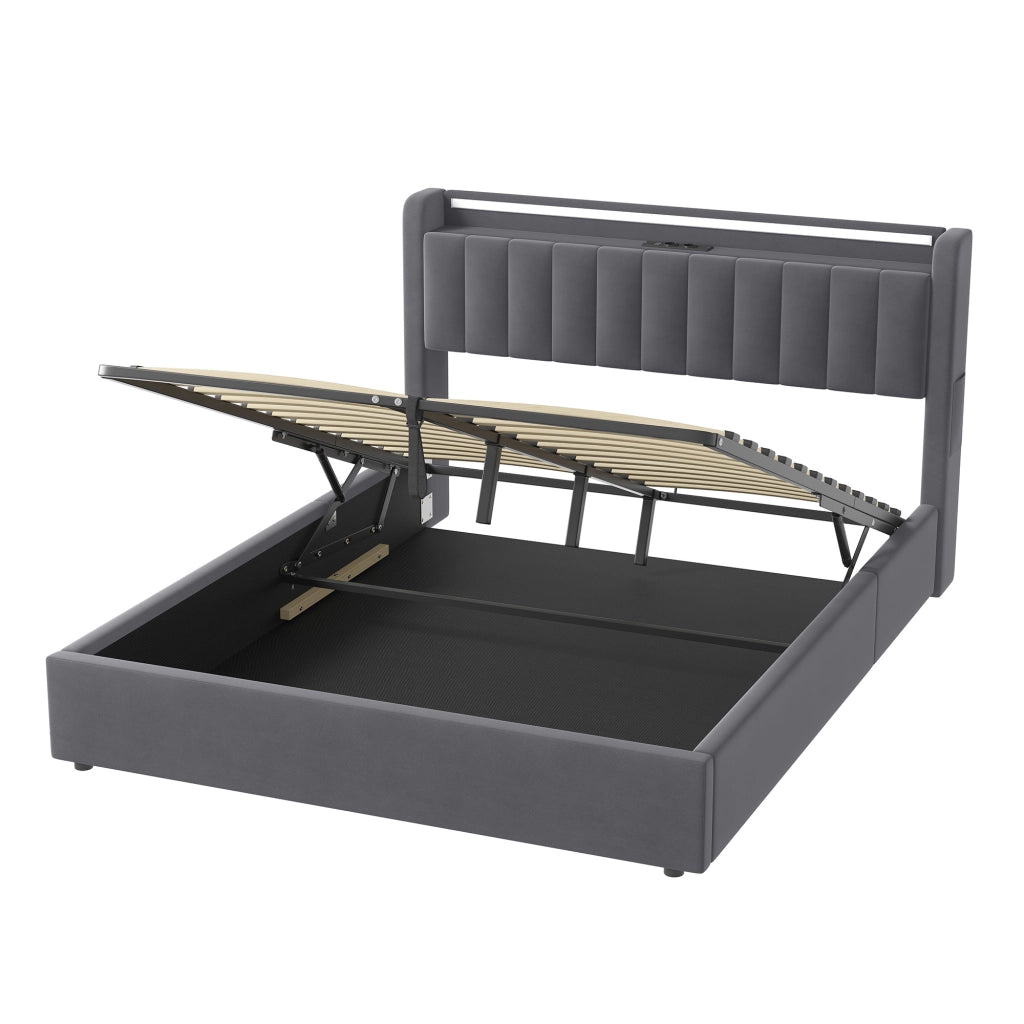 Letto Imbottito 160x200 cm Grigio Scuro in Velluto con Contenitore, USB e Luce d’Atmosfera