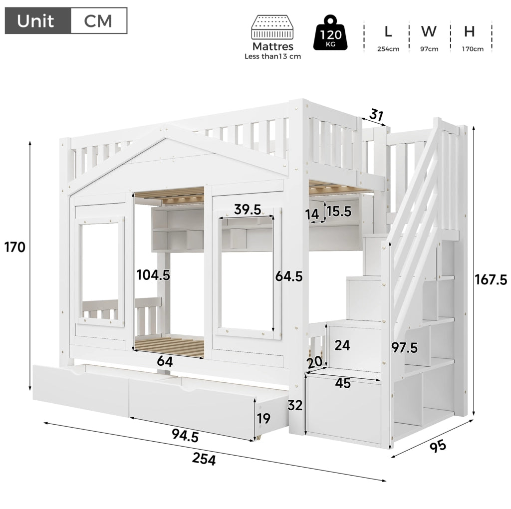 Letto a soppalco per bambini 90x200 cm con scala contenitore e cassetto in pino e MDF; bianco