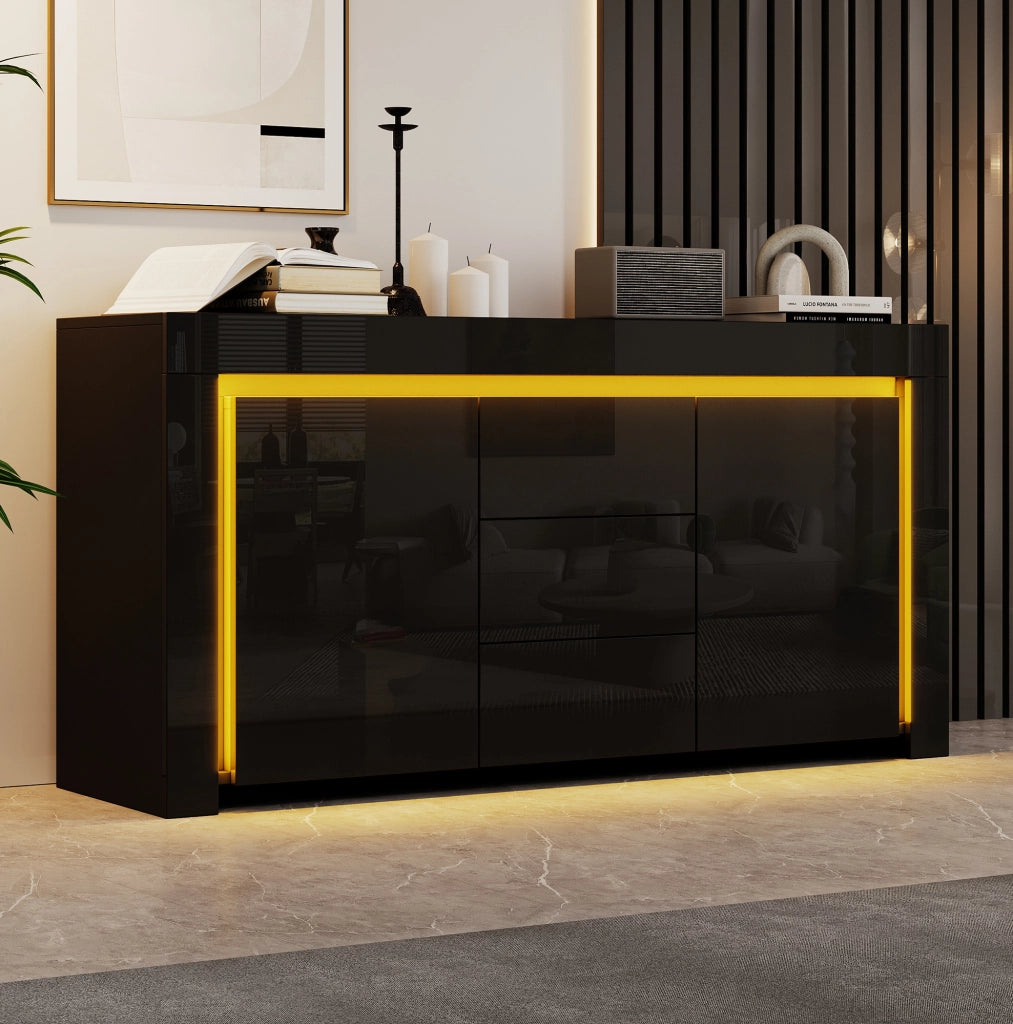 Sideboard nero lucido con LED, 2 ante e 3 cassetti 140 cm