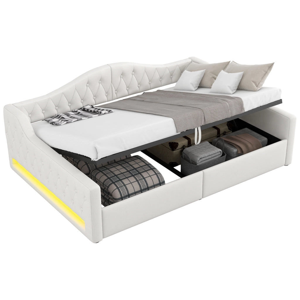 Letto da giorno imbottito 140x200 con LED e spazio contenitore, Beige