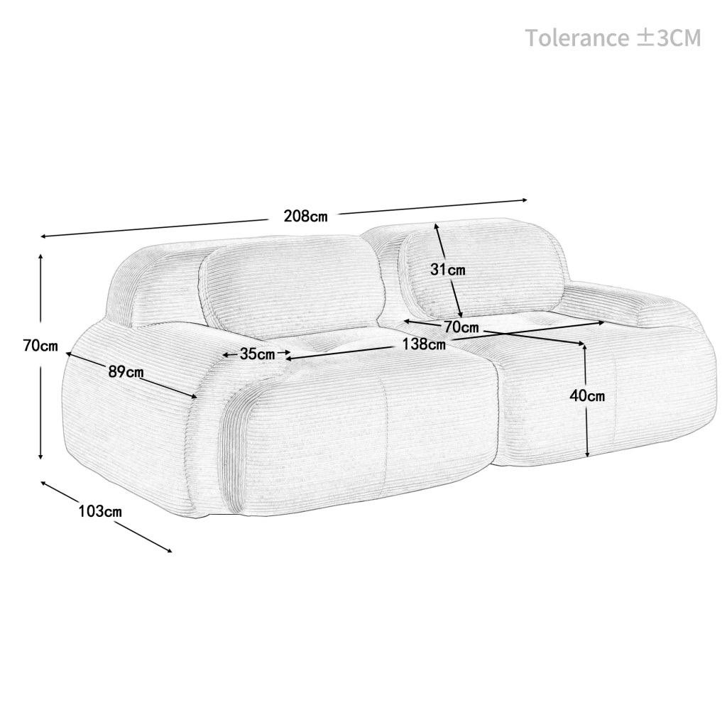 Divano 2 Posti in Tessuto a Coste Modulare con Braccioli ¨C MINIMAL ¨C Grigio