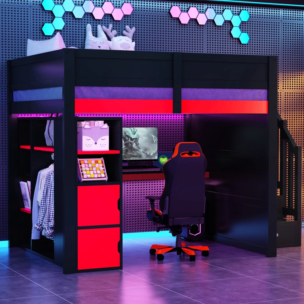 Letto a soppalco gaming 140x200 cm con scrivania; LED e scala contenitore; nero e rosso