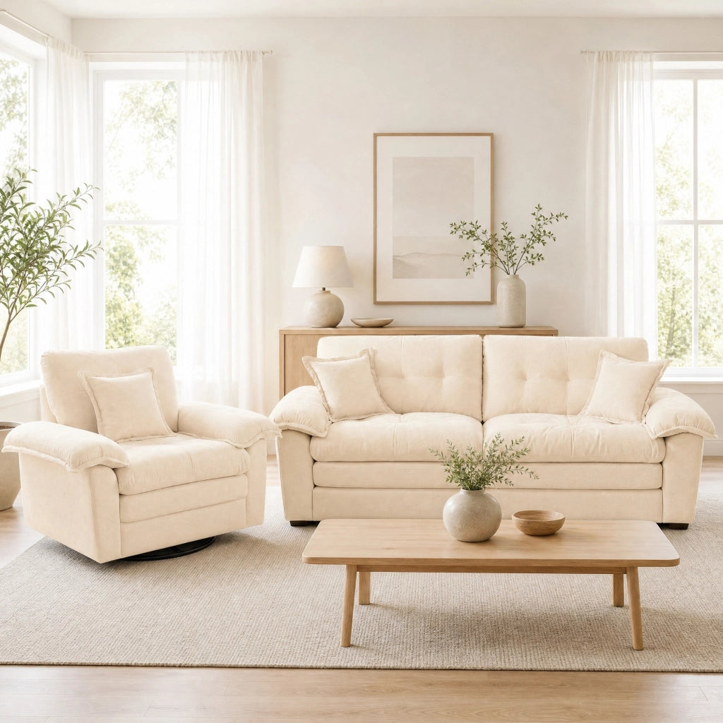 Set di divani 1 e 2 posti con sedute profonde in ciniglia beige