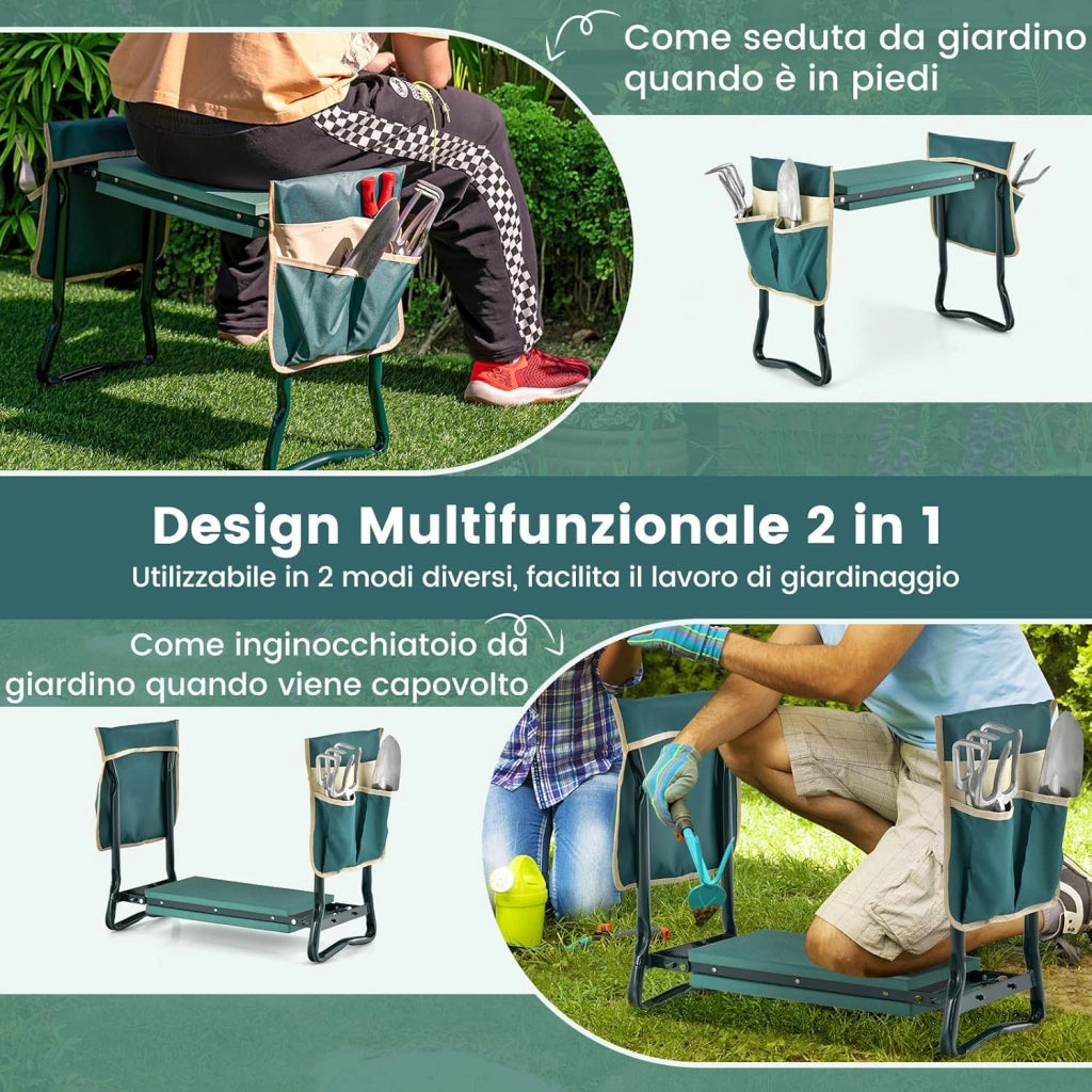 Inginocchiatoio da Giardino 2 in 1, Sgabello da Giardino Portatile e Pieghevole per Inginocchiare e Sedere, Sedile per Giardinaggio con 2 Tasche Porta Attrezzi e Materassino Ampio