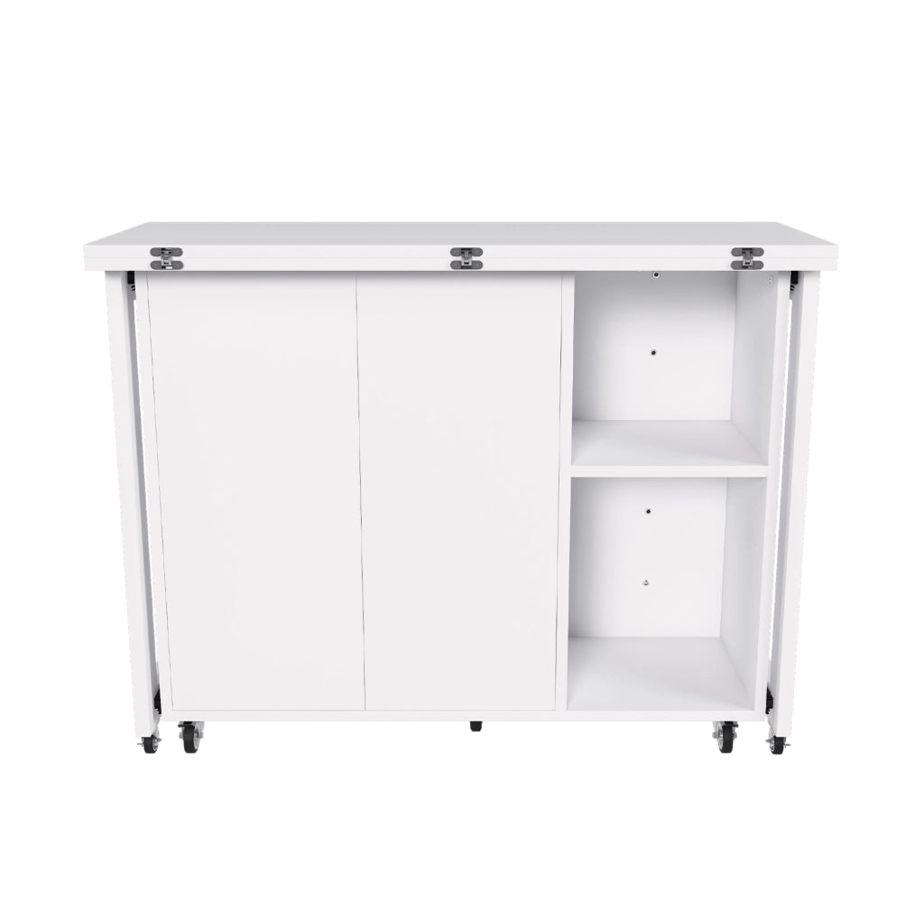 Tavolo pieghevole bianco multifunzione con ruote bloccabili a 360°, ideale come isola da cucina, tavolo da pranzo e mobile con ampio spazio contenitivo