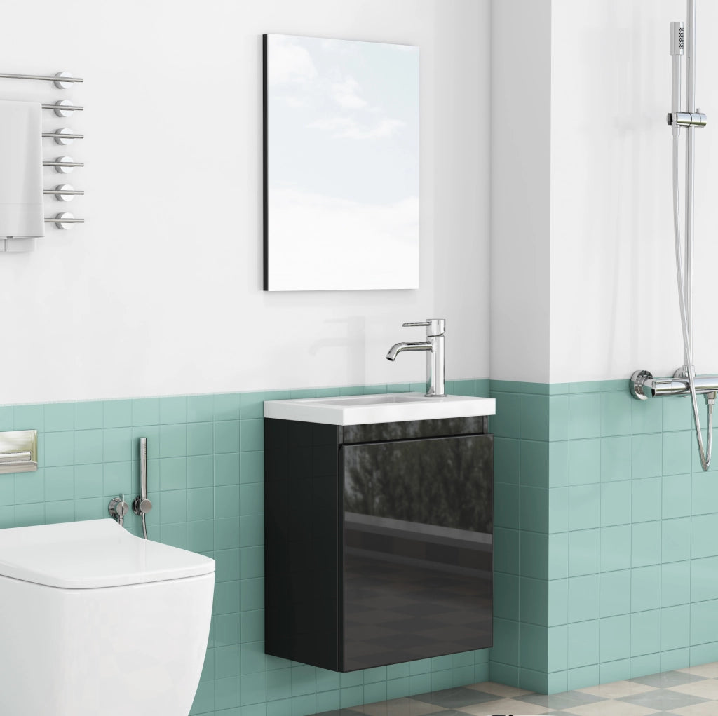 Mobile lavabo sospeso 40 cm nero lucido con lavabo in ceramica e specchio HOMVRA