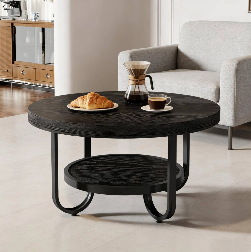 TAVOLINO DA CAFFÈ rotondo 79 cm 2 ripiani nero MDF e metallo