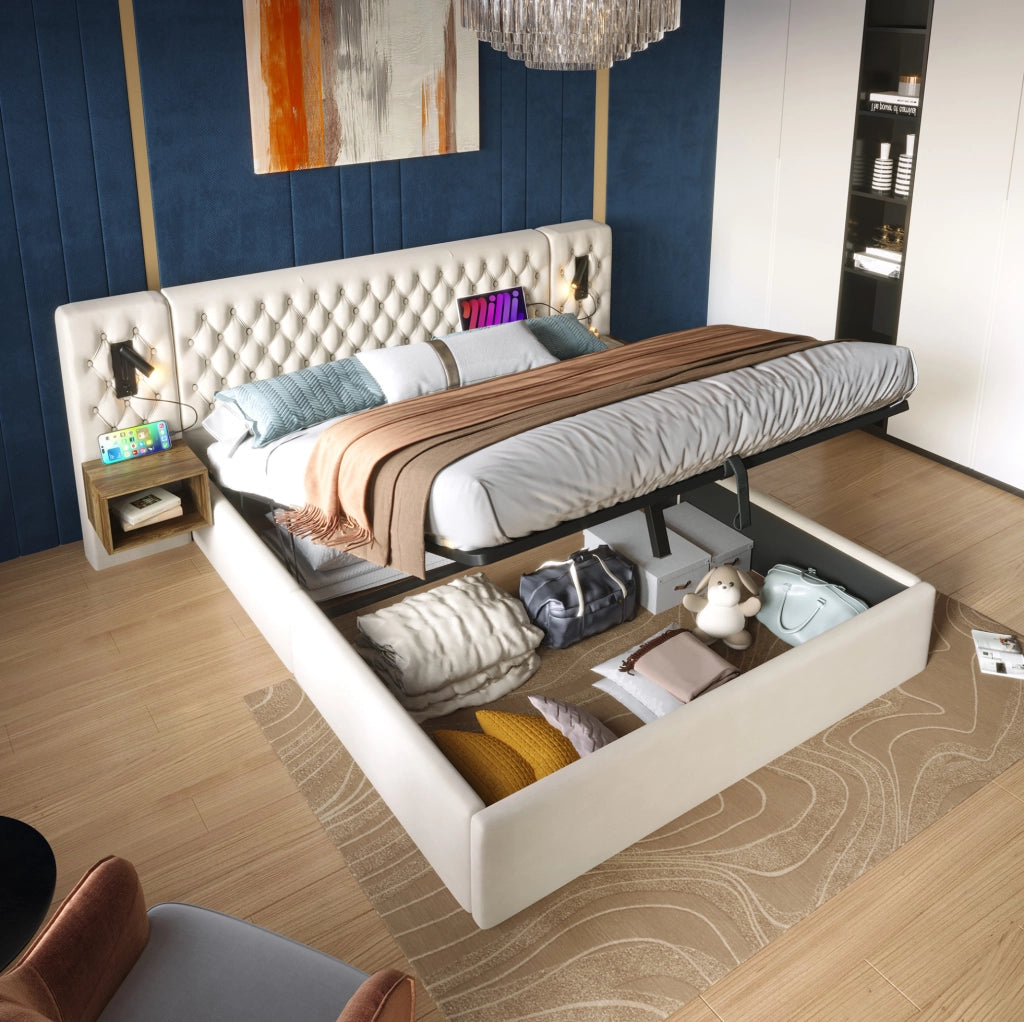 Letto matrimoniale contenitore idraulico 180 × 200 cm con 2 comodini; luci USB/Type-C; velluto beige