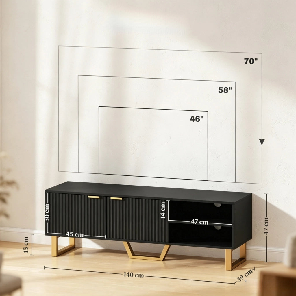 Mobile TV nero 140 cm con due ante scanalate