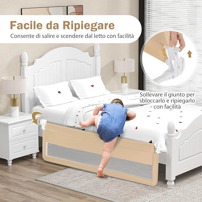 Barriera Letto per Bambini di 180 cm, Sponda di Sicurezza Pieghevole con Copertura Rimovibile, Rete Traspirante, Sbarra da Letto per Letti Singoli e Matrimoniali, 180 x 41 x 55 cm (Beige)