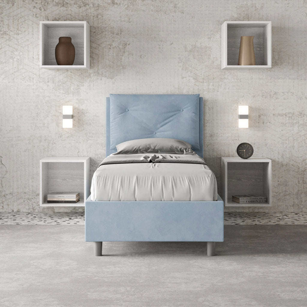 BS COM Letto singolo contenitore imbottito 80x200 microfibra azzurro