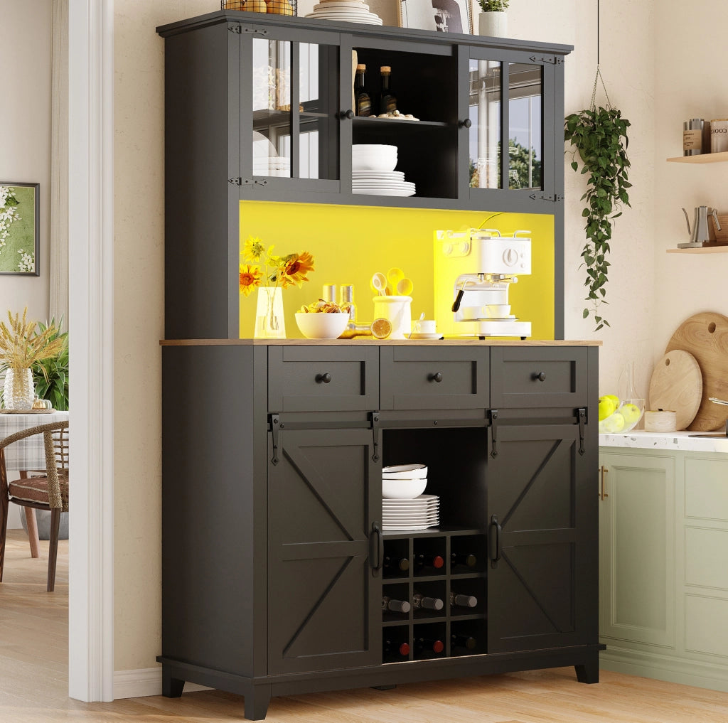 Mobile alto da cucina con LED, ante in vetro e ripiani regolabili