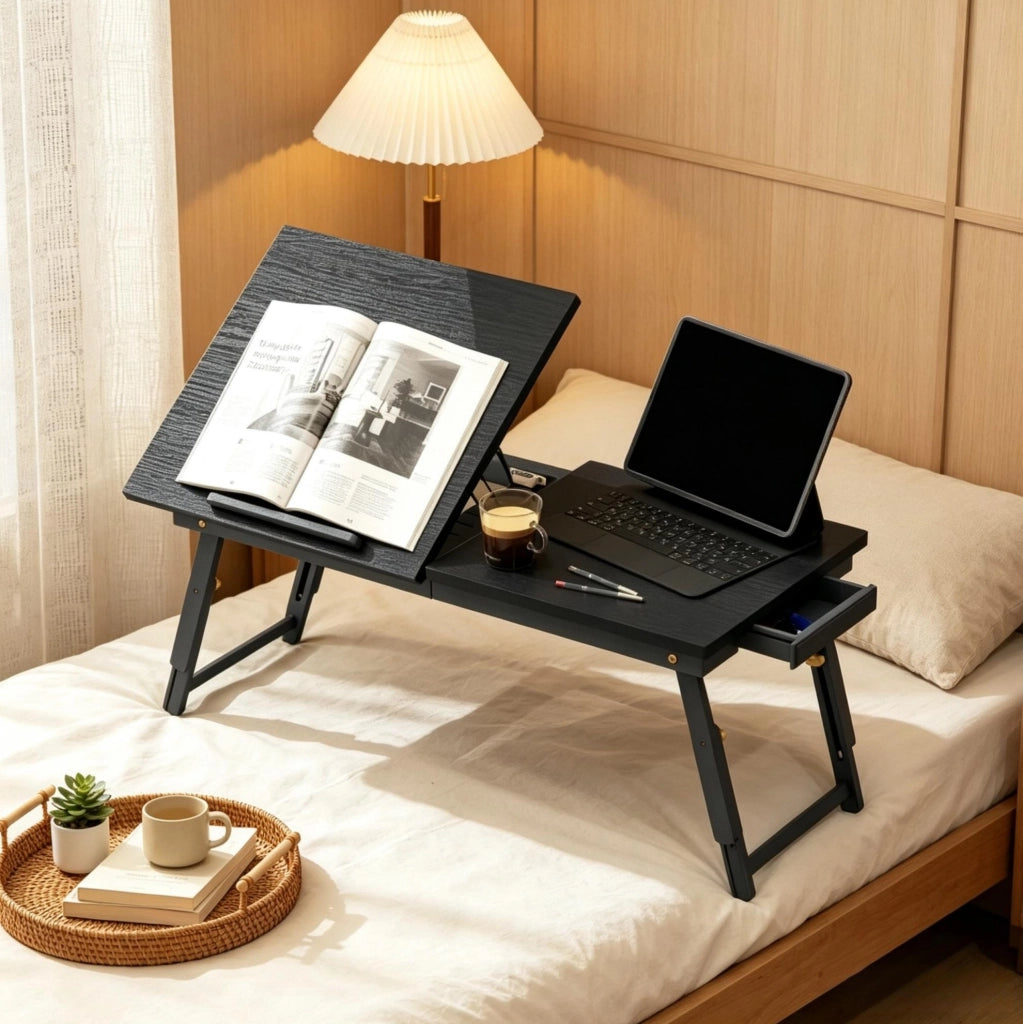 Tavolino portatile per letto regolabile e pieghevole in bambù e MDF nero HOMVRA