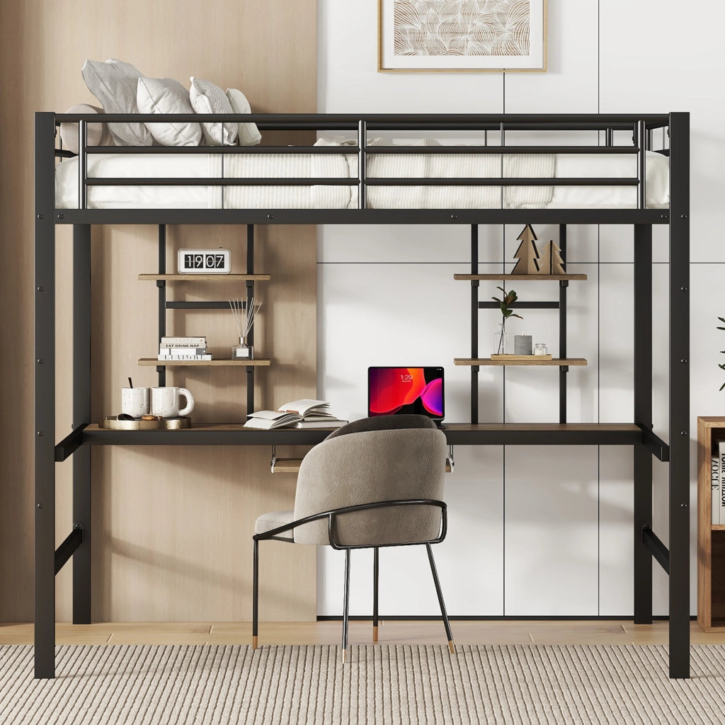 Letto a soppalco 140x200 cm nero in metallo con scrivania e 2 librerie