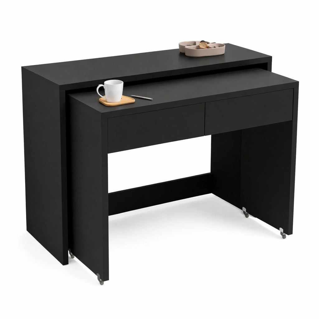 Scrivania pieghevole 2 in 1 nera con ruote e 2 cassetti