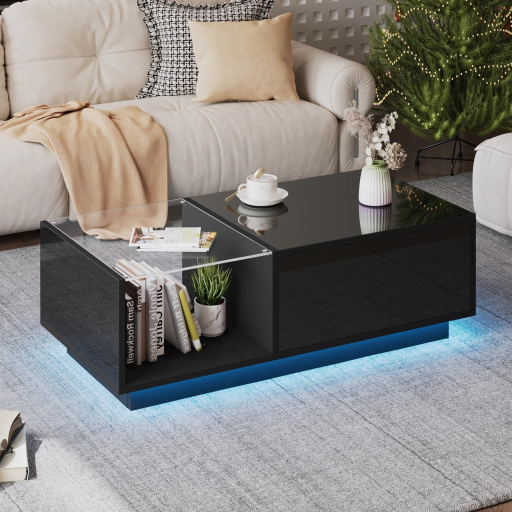 Tavolino da Caffè Alzabile con LED; Vano Nascosto e 2 Cassetti per Soggiorno in Truciolare Nero 100×50×33 cm