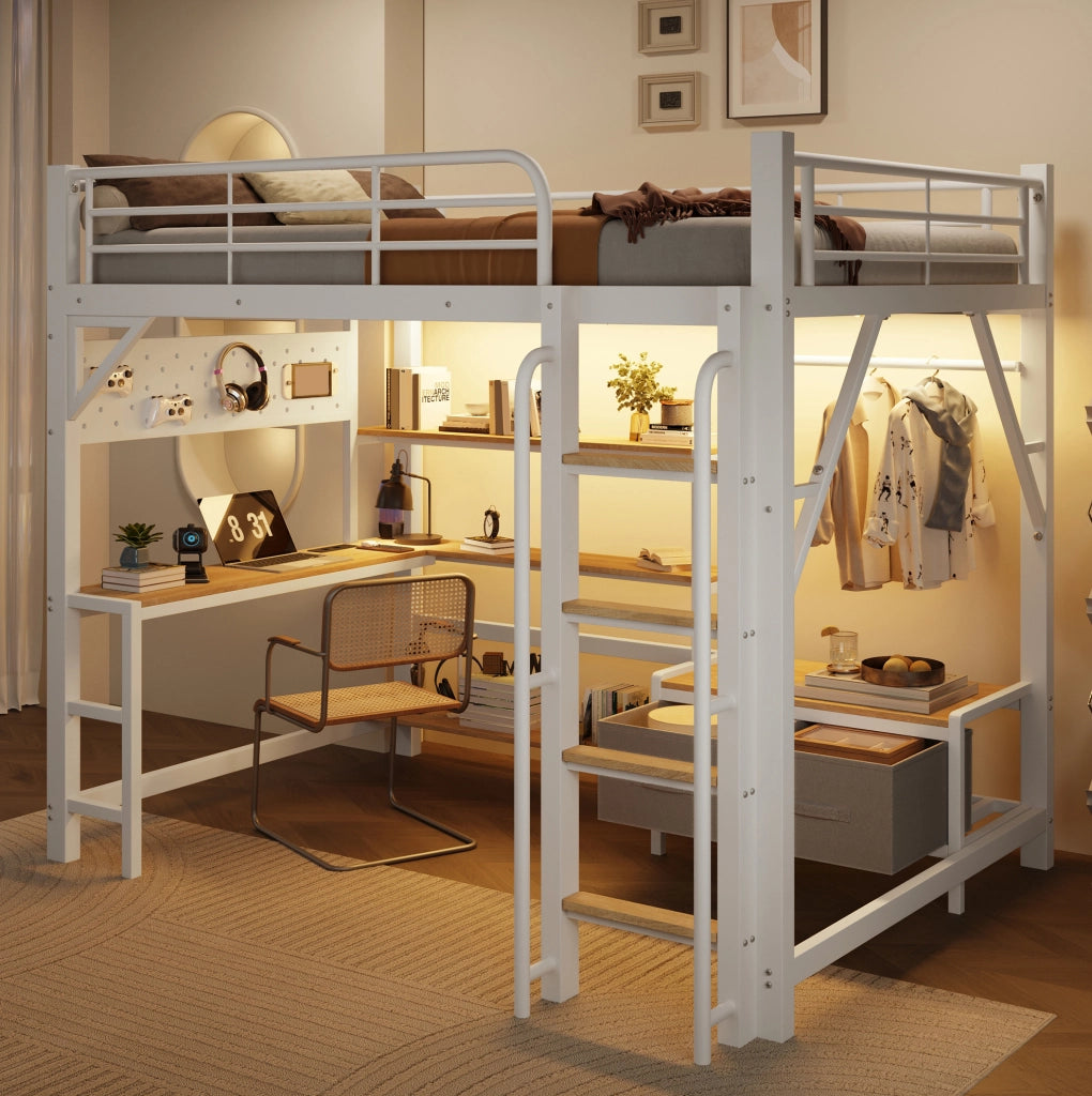 Letto a soppalco 140x200 cm con scrivania, scaffali, LED e USB bianco