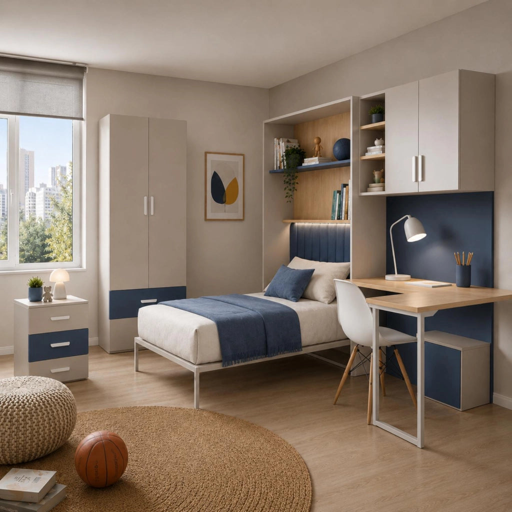 Cameretta Completa In Melaminico Con Letto A Scomparsa Armadio Scrivania E Cassettiera Soluzione Salvaspazio Per Camera Bambini E Ragazzi 133 X 208.5 X 45-216 Cm Cashmere E Blu