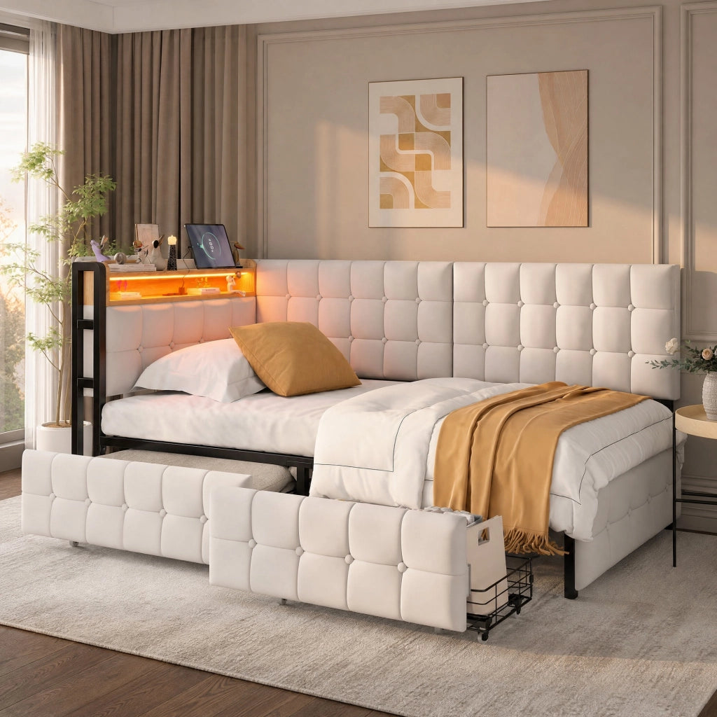 Divano letto in tessuto 90 x 200 cm con 2 cassetti; LED; USB e Type-C; beige