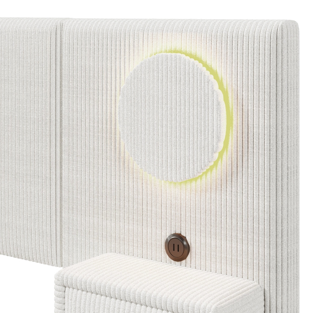 Letto imbottito 180x200 cm in velluto beige con LED, USB e comodini con cassetti
