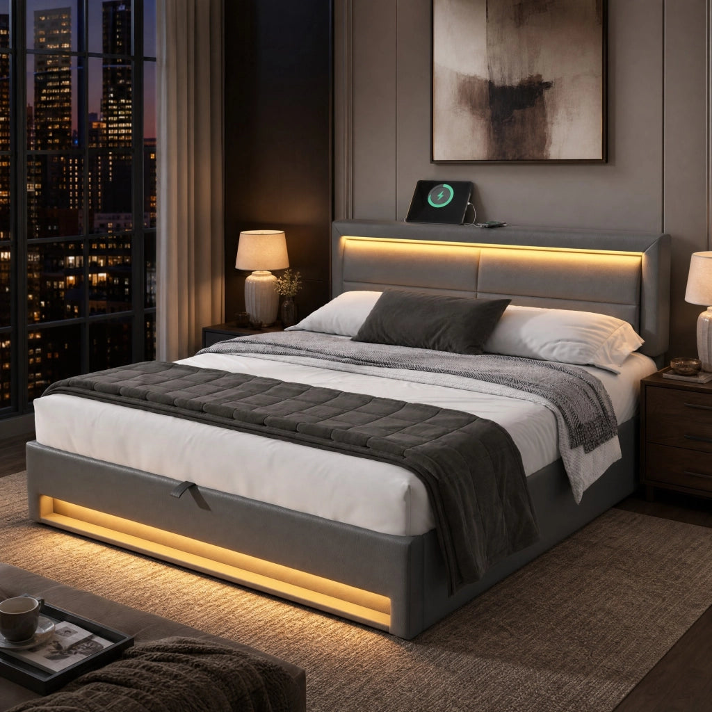 Letto imbottito grigio 140 x 190 cm con USB, LED e contenitore