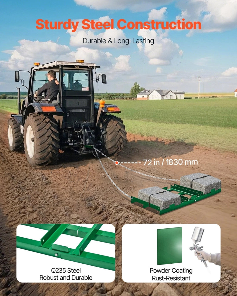 Erpice Trainato per Livellamento Prato in Acciaio Q235 1220x500x100 mm con Barre Regolabili e Catena 1830 mm per ATV UTV Trattore