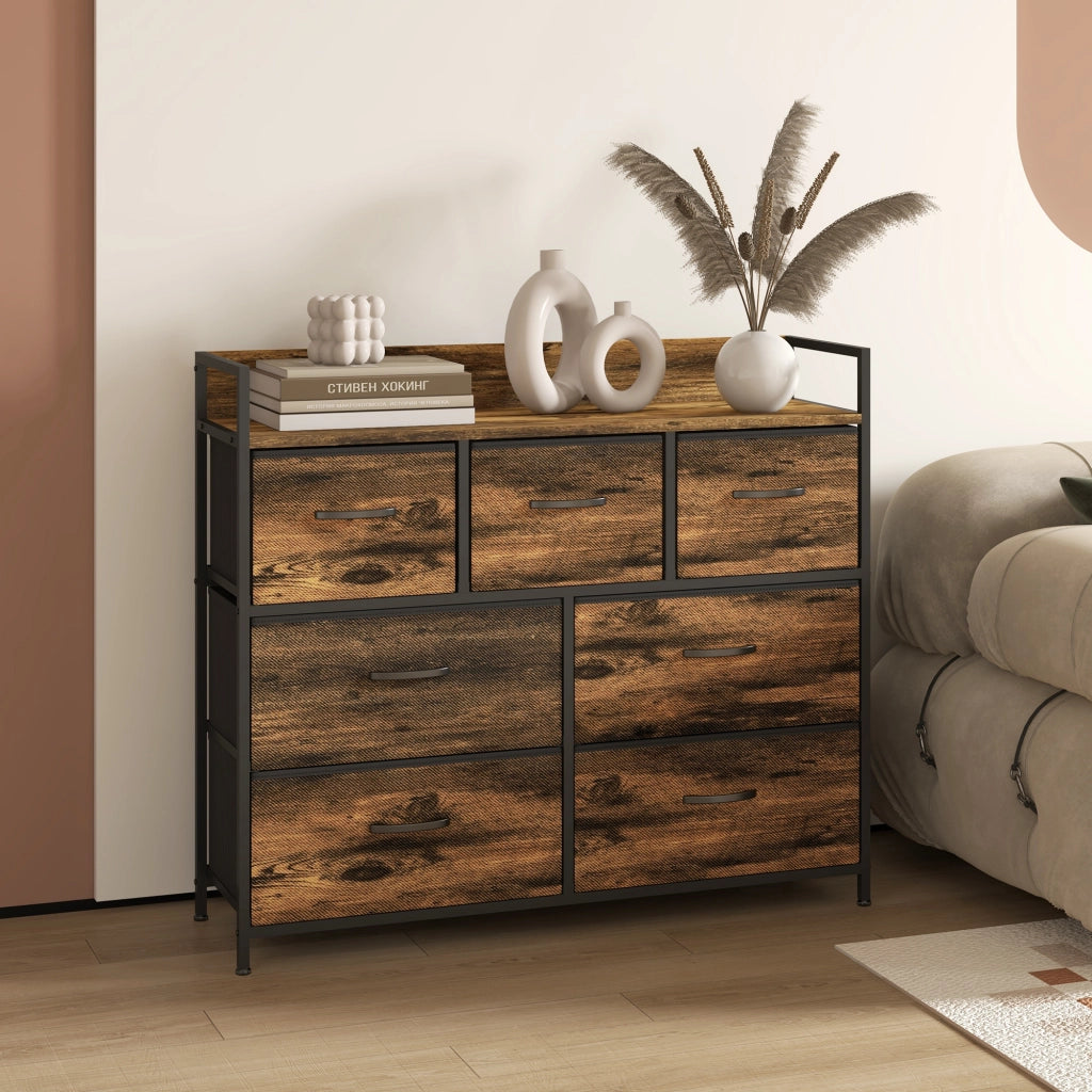 Cassettiera con 7 cassetti in tessuto ¨C Xylo ¨C stile industriale, struttura in metallo nero, 98x29x85cm