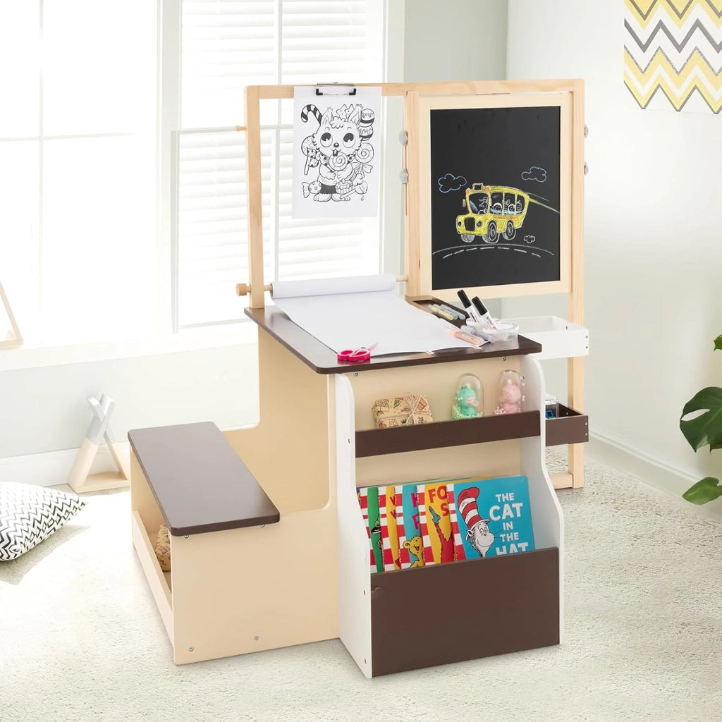 Set 3 in 1 Tavolo e Sedie per Bambini 3+ Anni, Tavolo in Legno Sicuro con Lavagna Cancellabile, Magnetica, Cavalletto Regolabile, Libreria e Accessori Artistici, per Disegno (Caffè)