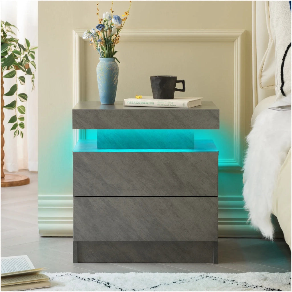 Comodino moderno con 2 cassetti e luci LED integrate, grigio scuro