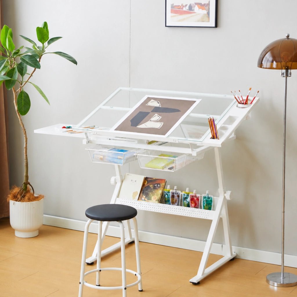 Set tavolo e sedie con tavolo da disegno regolabile, piano in vetro temperato e sedia, in acciaio bianco