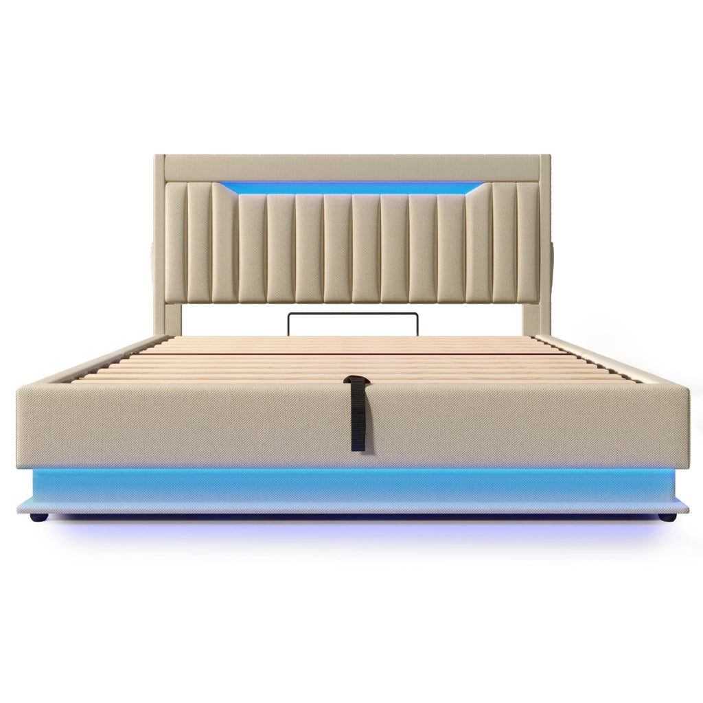 Letto matrimoniale imbottito; 160x200cm; con testiera di riporto; USB C e LED; beige