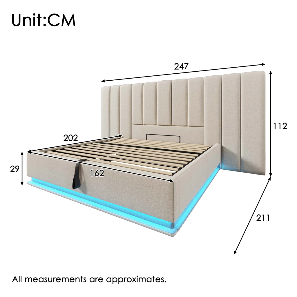 Letto Contenitore Matrimoniale 160x200 cm; USB e Type-C; LED 360°; Beige