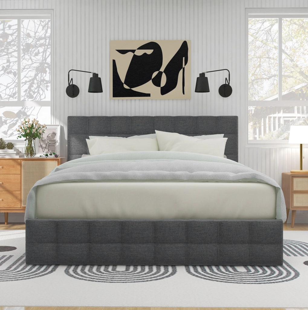 Letto matrimoniale 140x200 cm con 4 cassetti e testiera regolabile; lino grigio