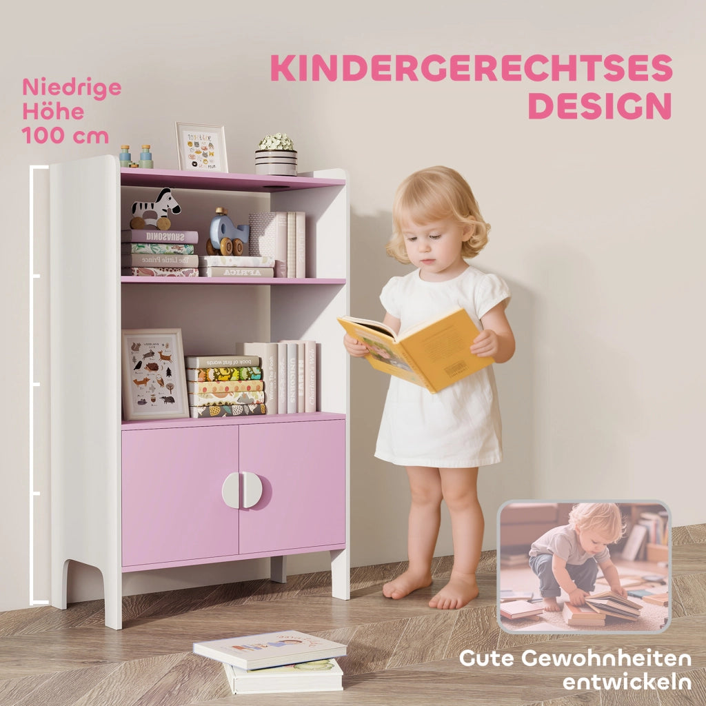 Libreria per bambini con 2 scaffali e 2 ante ¨C zephmum ¨C rosa e bianco
