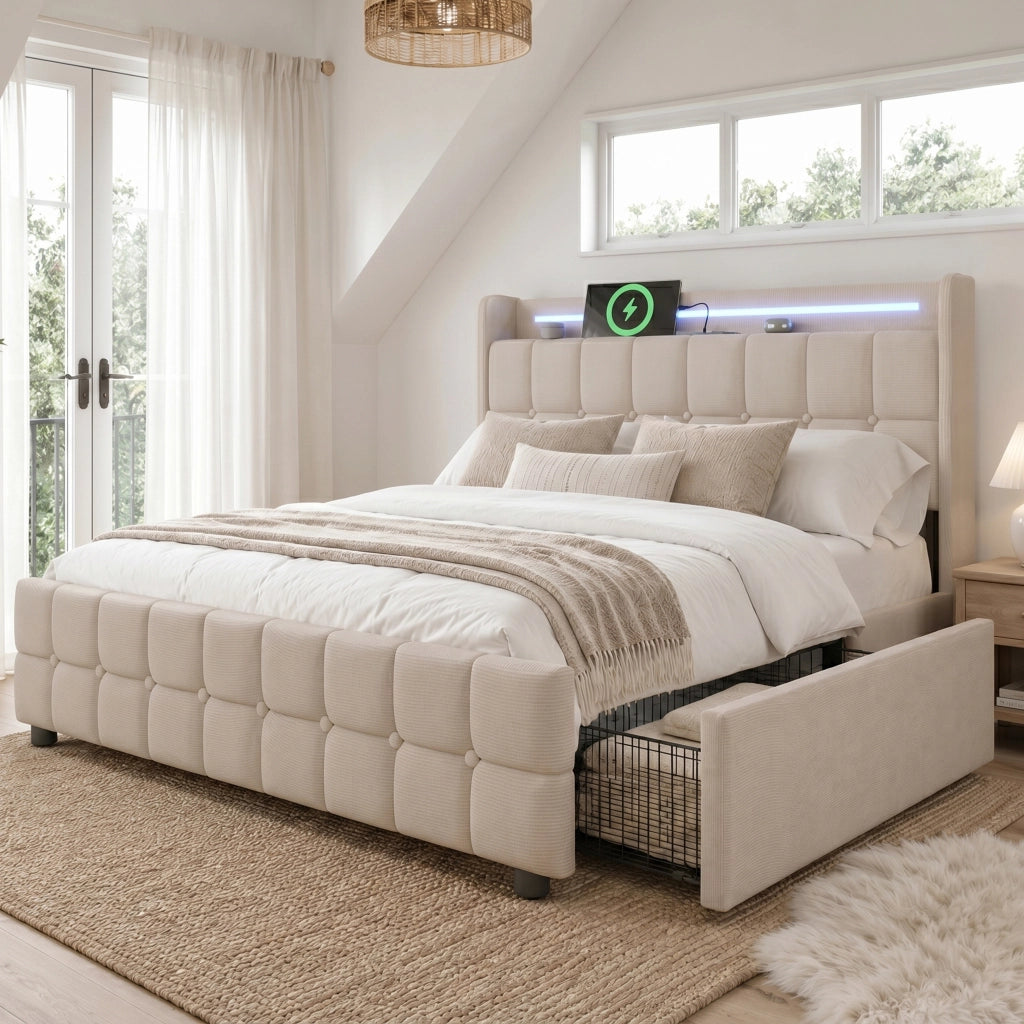 Letto con cassetti 180 × 200 cm con 4 cassetti LED prese USB e testiera imbottita beige