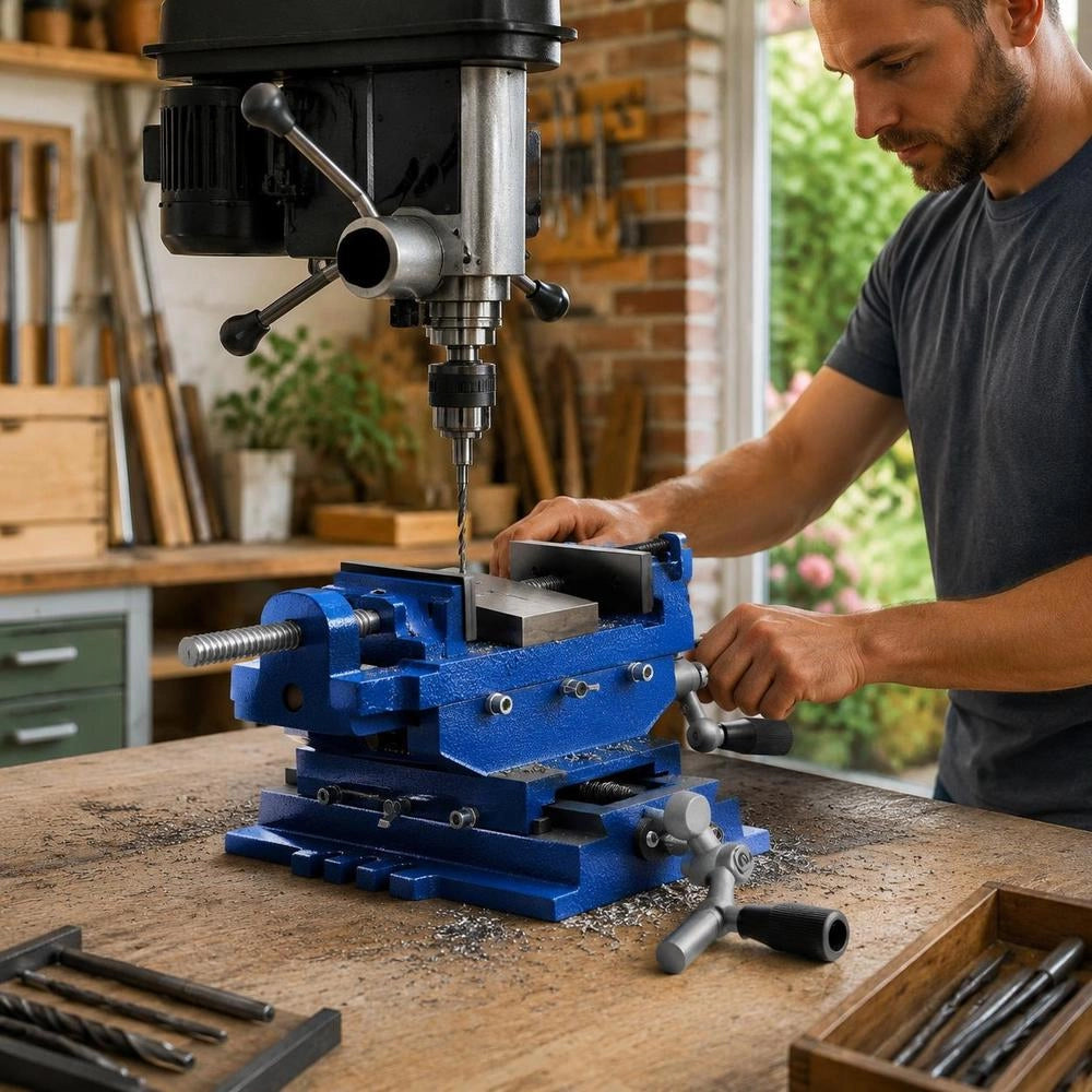Cross Slide Drill Press Vise, 4 Inch Jaw Width, 2 Way X-Y Axis Bench Vise, 3.5 Inch Max Jaw Opening, Heavy Duty Cast Iron, Workbench Vice Clamp, For Woodworking Drilling CNC Milling Machine
