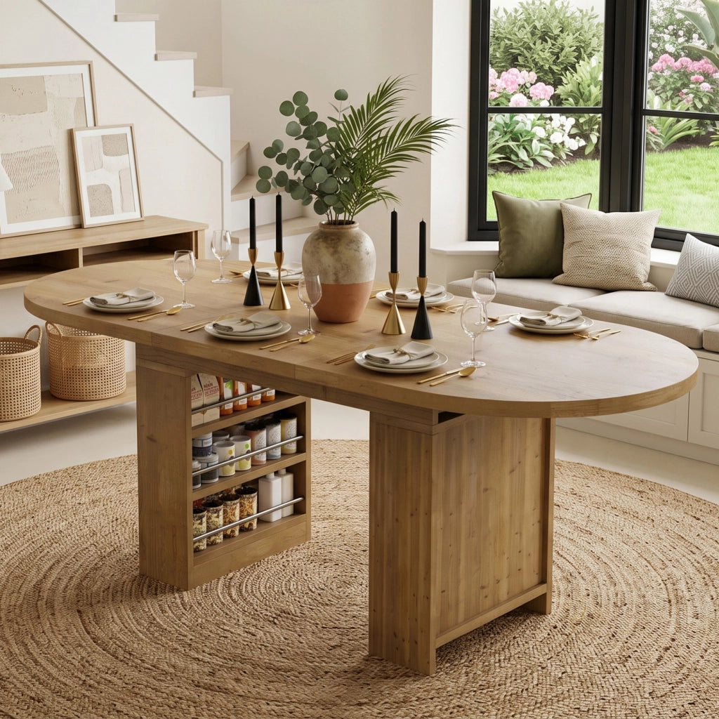 Tavolo da pranzo allungabile, 150/200 x 90 cm, per 6-8 persone, con vano portaoggetti, color legno naturale