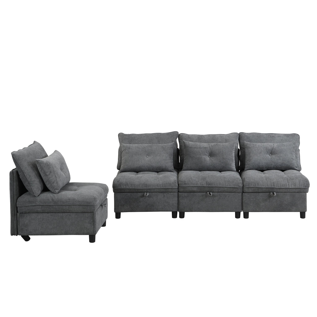 Divano modulare 4 posti con contenitore, funzione letto e rivestimento in chenille, Grigio Antico