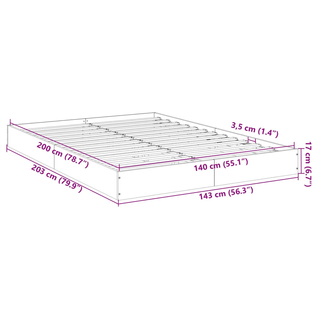 Letto matrimoniale | Letto per adulti | Giroletto senza Materasso Rovere Fumo 140x200 cm in Truciolato