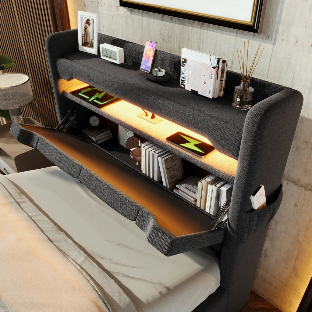 Letto singolo 90x200 cm in lino grigio con materasso; testiera con USB e LED