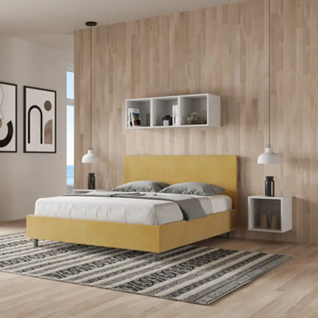 Letto matrimoniale senza rete imbottito 160x200 microfibra ocra Adele