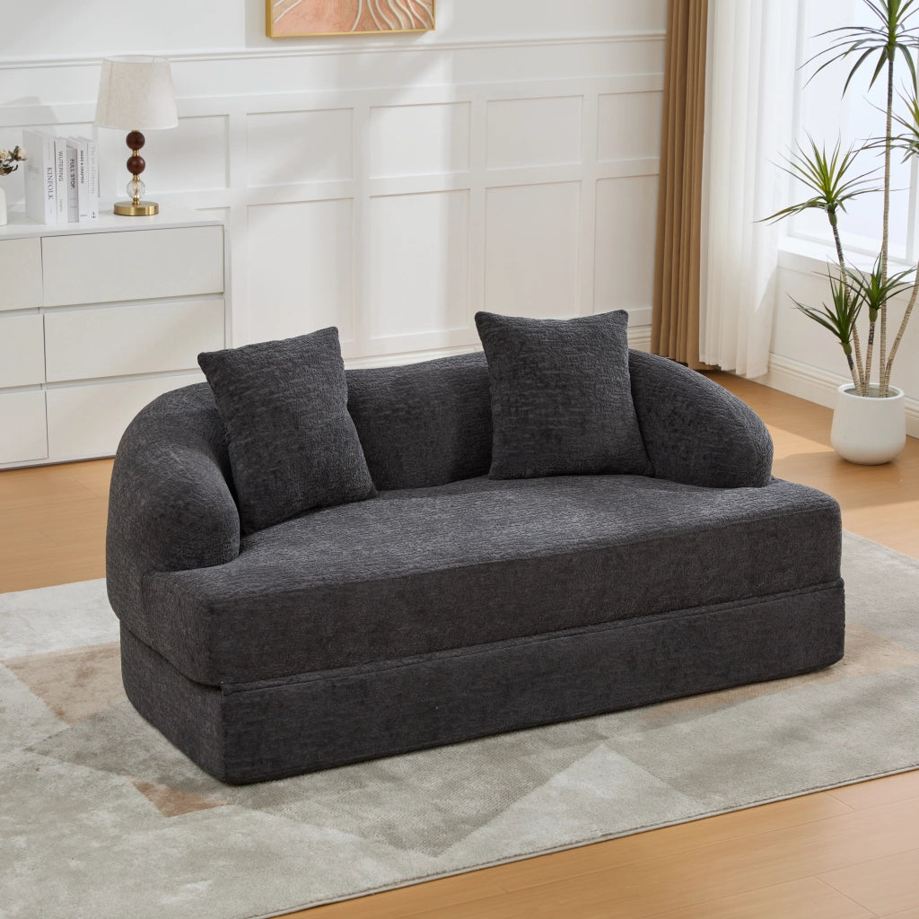 Divano letto 2 posti pieghevole con due cuscini schienale in chenille e schiuma grigio scuro 157 × 84 × 65 cm