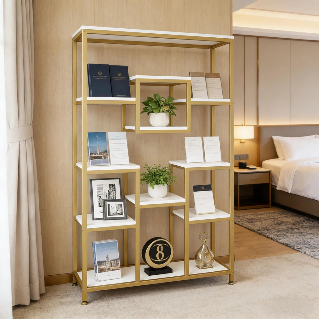 LIBRERIA Geometrica 11 ripiani aperti in metallo e legno oro e bianco