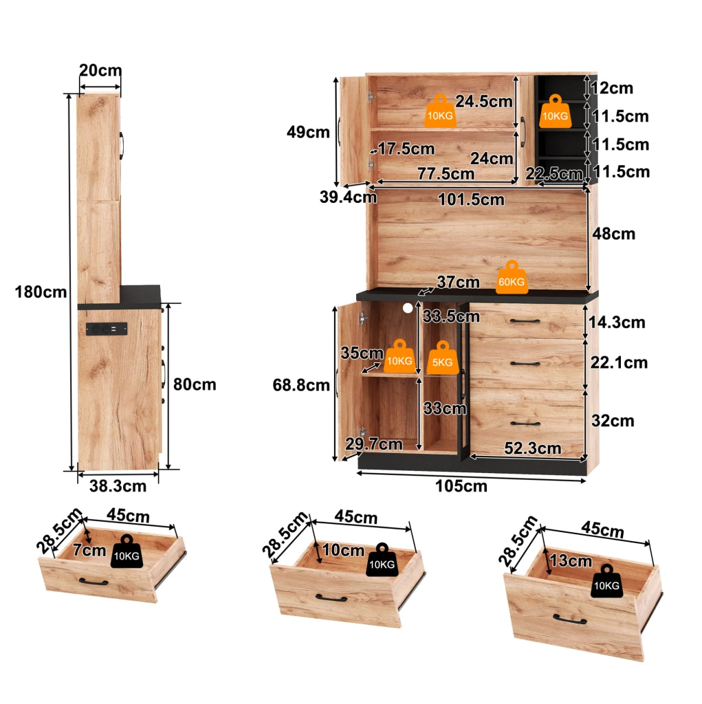 Colonna cucina 105x40x180 cm con LED, prese USB e cassetti
