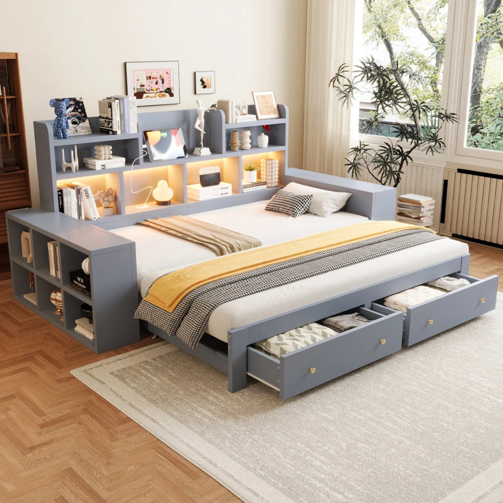 Letto estraibile multifunzionale in compensato e MDF grigio con cassetti ripiani LED e presa