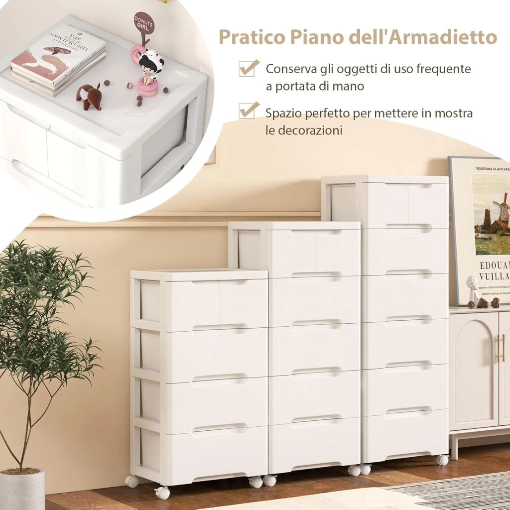 Carrello di Stoccaggio con Ruote, Cassettiera Verticale con Cassetti, Armadietto Contenitore di Stoccaggio, Organizzatore di Plastica per Casa Ufficio (4 cassetti)