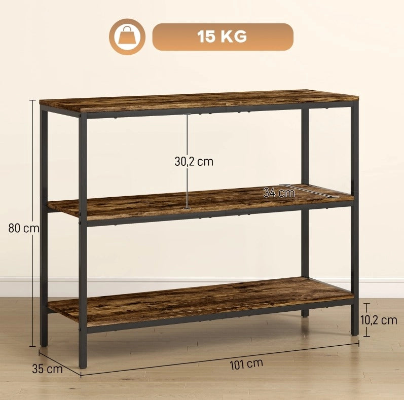 Console 101x35x80 cm in legno e metallo marrone chiaro, 3 ripiani