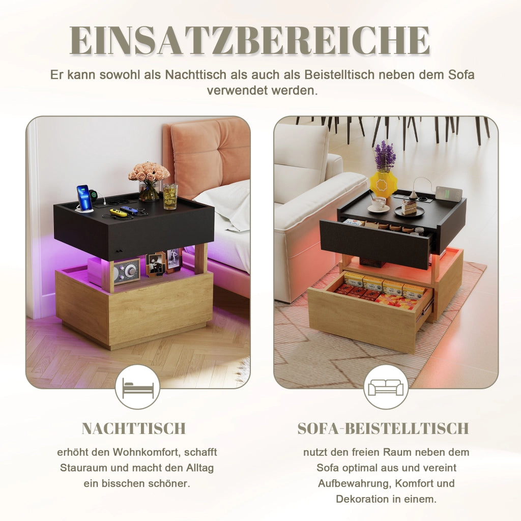 Comodino con ricarica wireless, LED e due cassetti, finitura legno e nero per camera da letto 50 × 40 × 50 cm